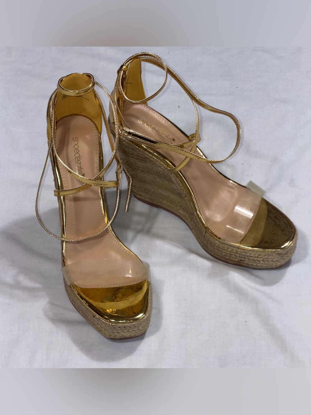 ShoeDazzle Metallic Gold Espadrille Wedge Sandals Clear Strap Lace Up Heel 11